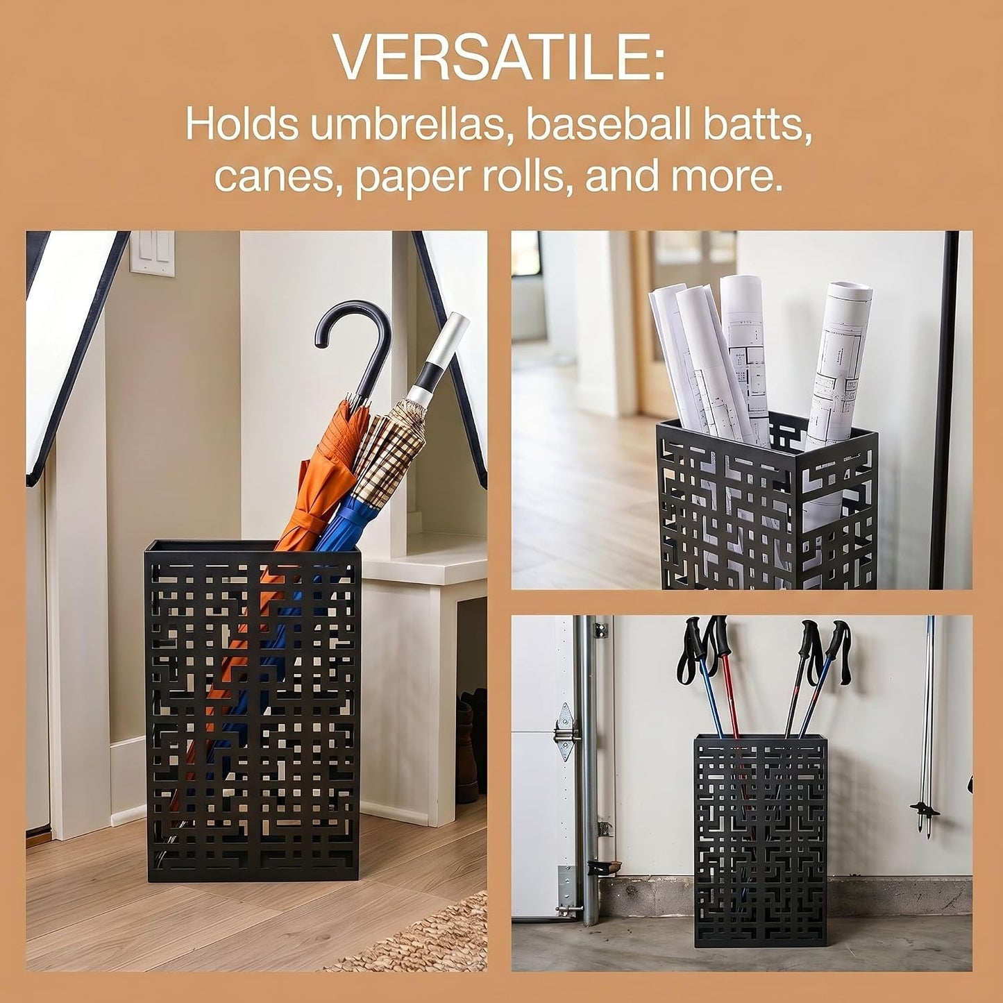 BEWBBAT Umbrella Stand Rack for Entryway, Hollow Metal Holder, FreeStanding Storage Bin for Long Umbrellas, Holds 6-7, Black