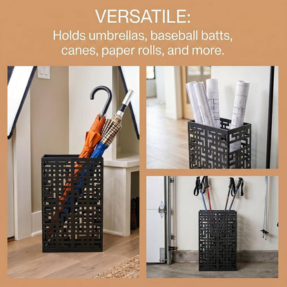 BEWBBAT Umbrella Stand Rack for Entryway, Hollow Metal Holder, FreeStanding Storage Bin for Long Umbrellas, Holds 6-7, Black