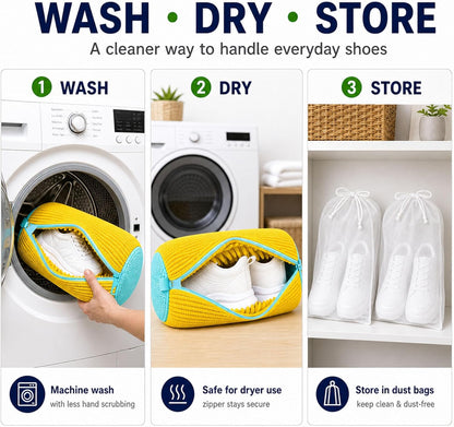 Shoe Washing Machine Bag: Shoes Come Out Clean & Protected during Washing | 2PC Laundry Shoe Bag for Washer and Dryer, Auto-Lock Zipper, Chenille Microfiber Lining, 17 x 7.5 inch, Durable, Yellow
