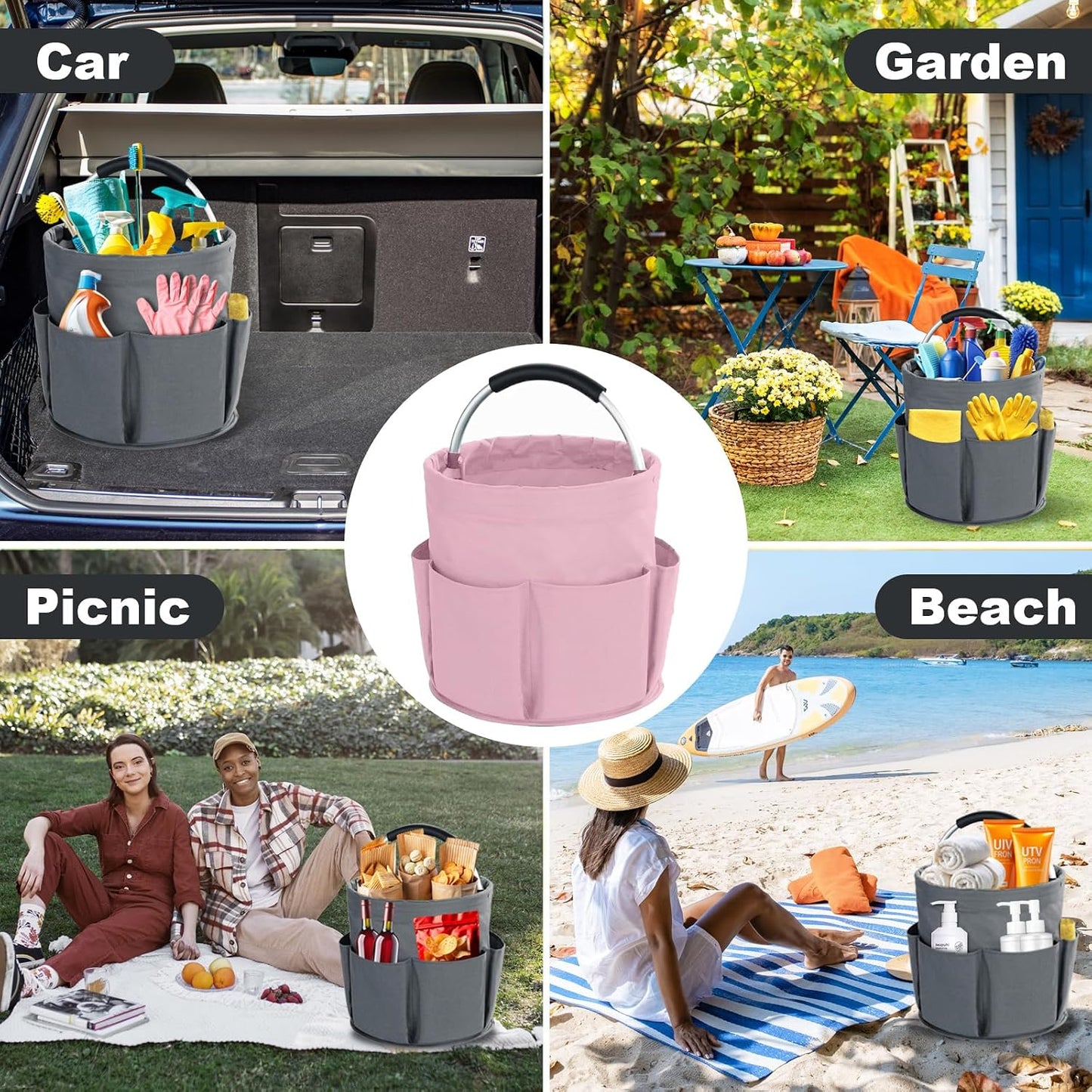 Cleaning Caddy with Handle, Cleaning Products Organiser, 17L Foldable Storage Basket, Cleaning Caddy Organiser, Portable Multi Cleaning Bucket Bag for Home, Garden (Black)