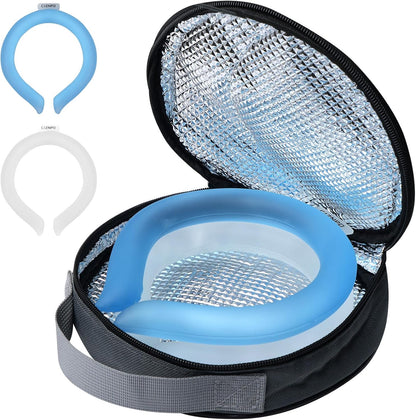 2PCS PCM Neck Cooling Tube with Insulated Bag, Reusable Ice Ring Neck Cooler Wrap, Wearable Neck & Shoulder Cooling Ring for Hot Weather Outdoor Work, TPU Freezable Collar (Blue+Black)