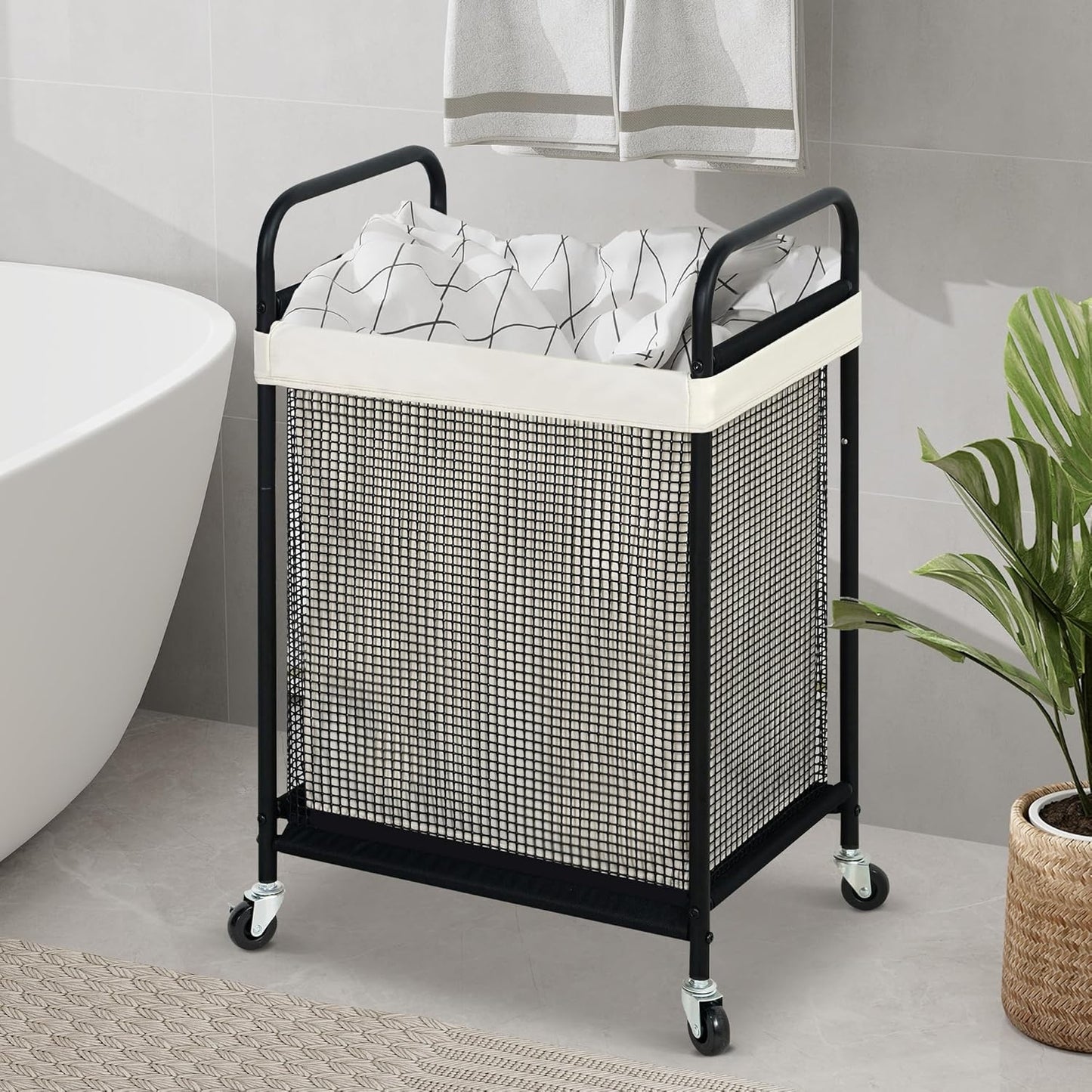STO STO Laundry Hamper 2 Section, 100L Rolling Laundry Sorter Cart with Removable and Washable Liner Bag, Clothes Hamper with Wheels and Metal Handle for Laundry Room and Bedroom