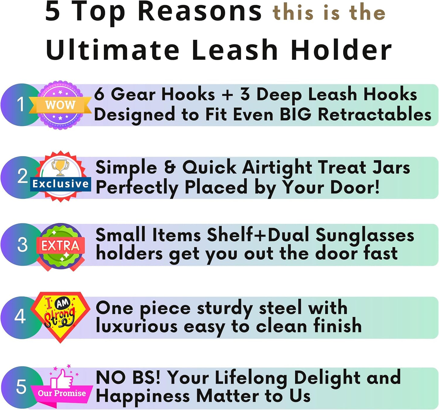 Dog Leash Holder for Wall with Shelf — Wall Mounted Dog Treat Holder & Station, 2 Airtight 32oz Treat Containers, 9 Hooks, Patented Lidless Slide-to-Seal Jars, Solid Steel, Made in USA
