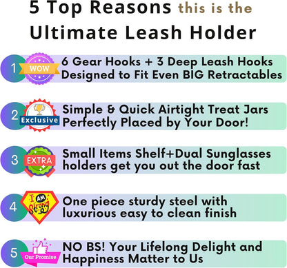 Dog Leash Holder for Wall with Shelf — Wall Mounted Dog Treat Holder & Station, 2 Airtight 32oz Treat Containers, 9 Hooks, Patented Lidless Slide-to-Seal Jars, Solid Steel, Made in USA