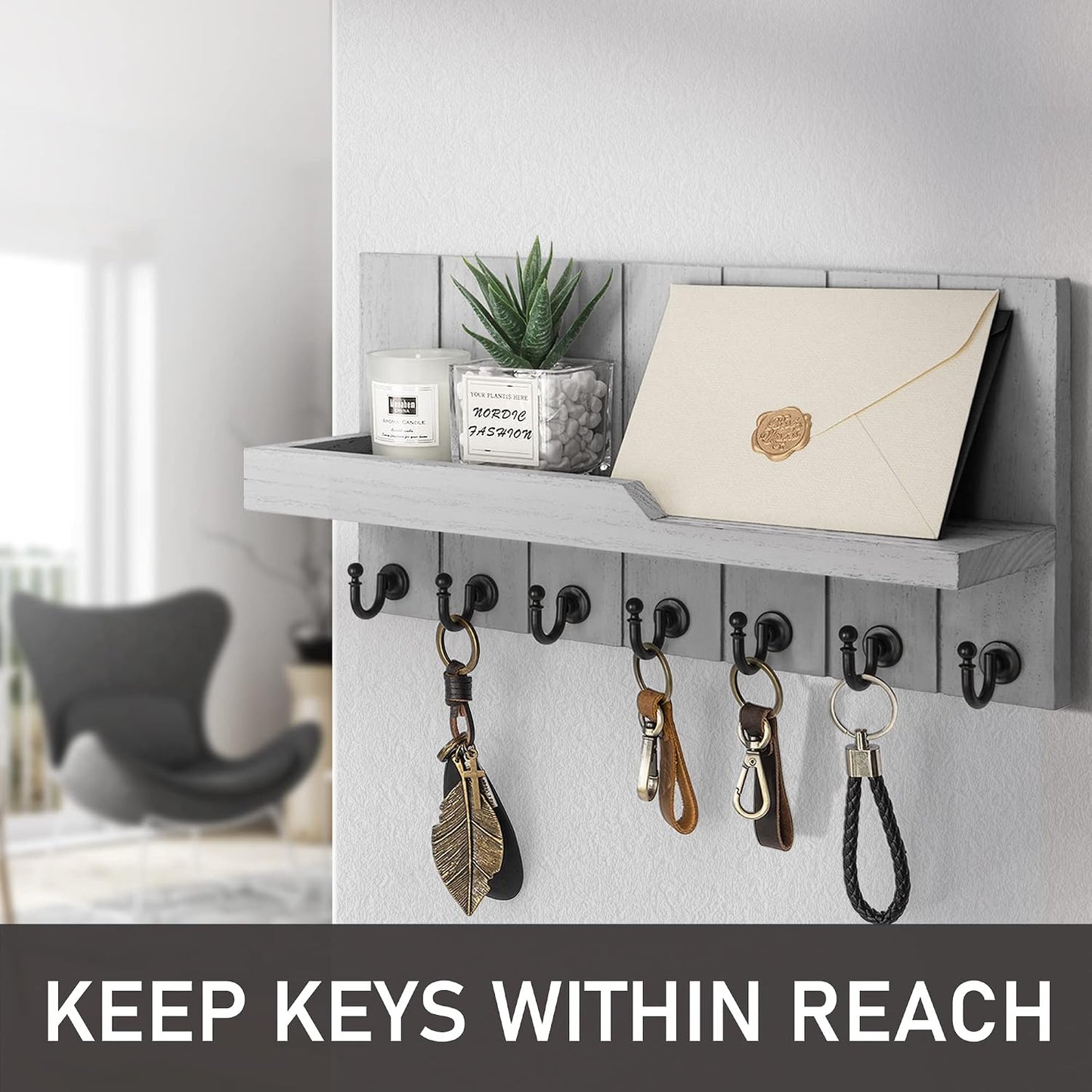 Rebee Vision Key Holder Wall Mount with 5 Key Hooks for Home Decor, Brown | 3.54'' x 10'' x 7.28'', Small Shelf for Display Plant, Key Hangers for Hat, Entryway Space-Saving Storage
