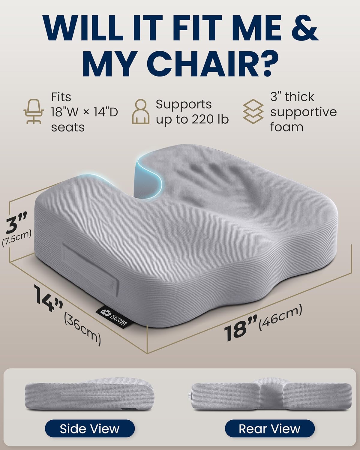 5 STARS UNITED Seat Cushion - Memory Foam Chair Cushion for Tailbone Pain Relief - Ergonomic Support for Coccyx, Sciatica & Butt - Office, Desk & Gaming Chair, Car Seat, Wheelchair, Airplane, Black