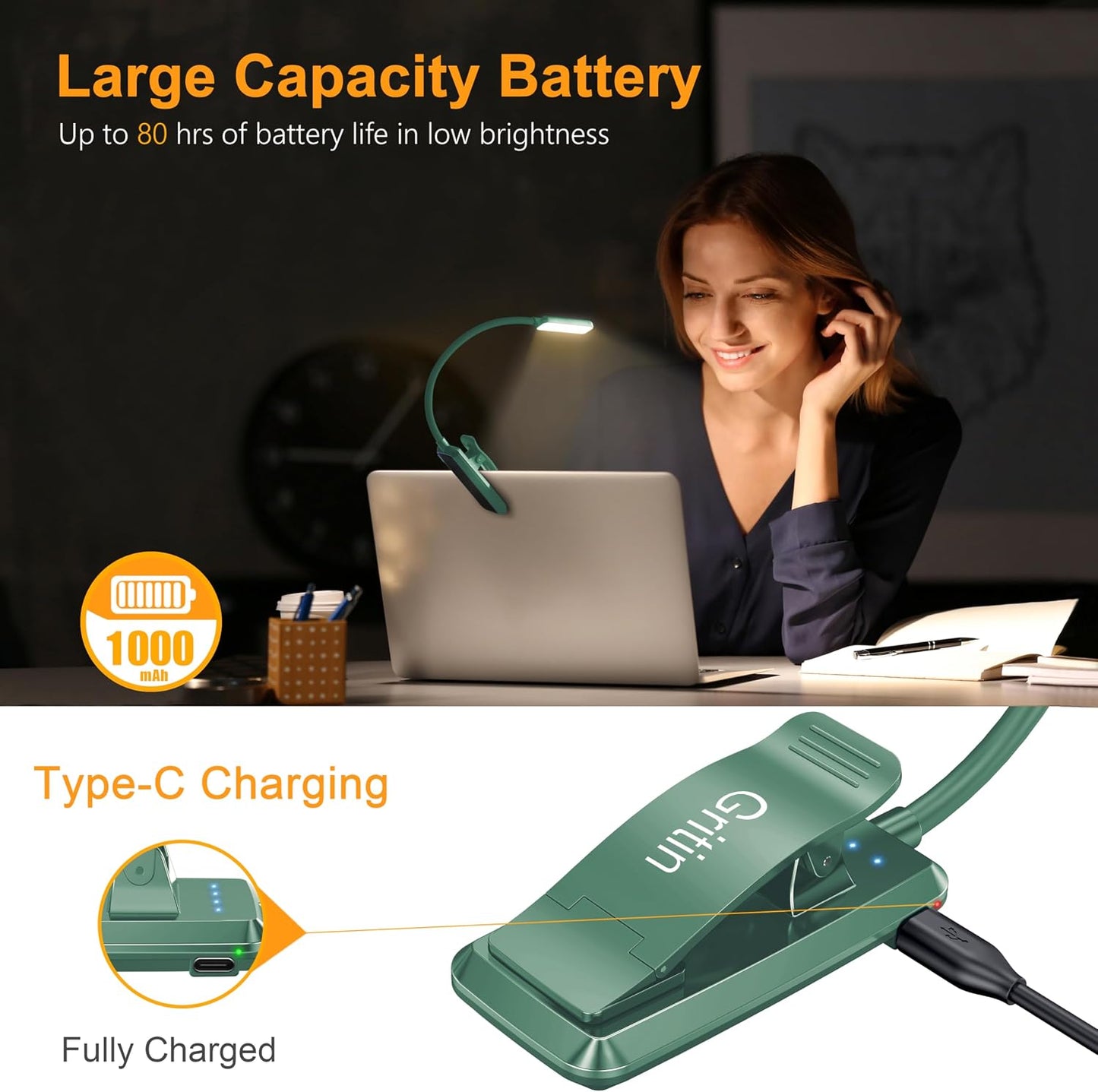 Gritin 9 LED Rechargeable Book Light for Reading in Bed | Eye Caring 3 Color Temps,Stepless Dimming Brightness,80 Hrs Runtime Small Lightweight Clip On Book Reading Light for Studying