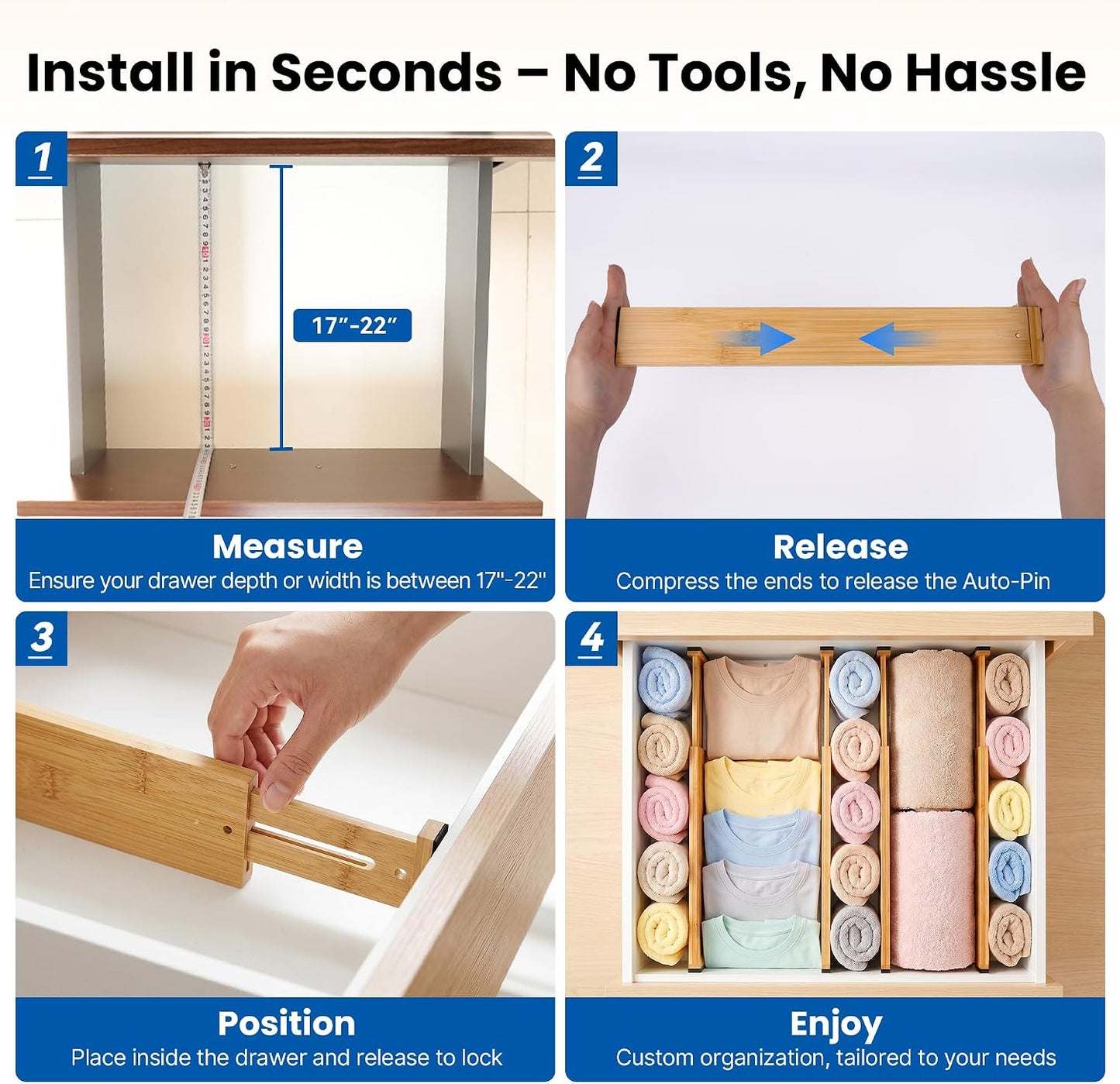 4 Pack 6" Deep Bamboo Drawer Dividers, 17-22" Expandable Kitchen Organizers | Adjustable Spring-Loaded Tension Separators with Foam Pad for Clothes, Utensils, Kitchen, Dresser, Nursery & Bathroom