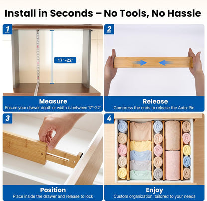 4 Pack 6" Deep Bamboo Drawer Dividers, 17-22" Expandable Kitchen Organizers | Adjustable Spring-Loaded Tension Separators with Foam Pad for Clothes, Utensils, Kitchen, Dresser, Nursery & Bathroom