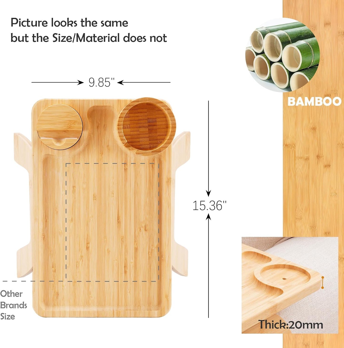 Nnewvante Couch Cup Holder Tray, 3 in 1 Large 15.36"x9.85" Acacia Wood Sofa Arm Clip on Tray Table with 360°Rotated Phone Holder on Armrest