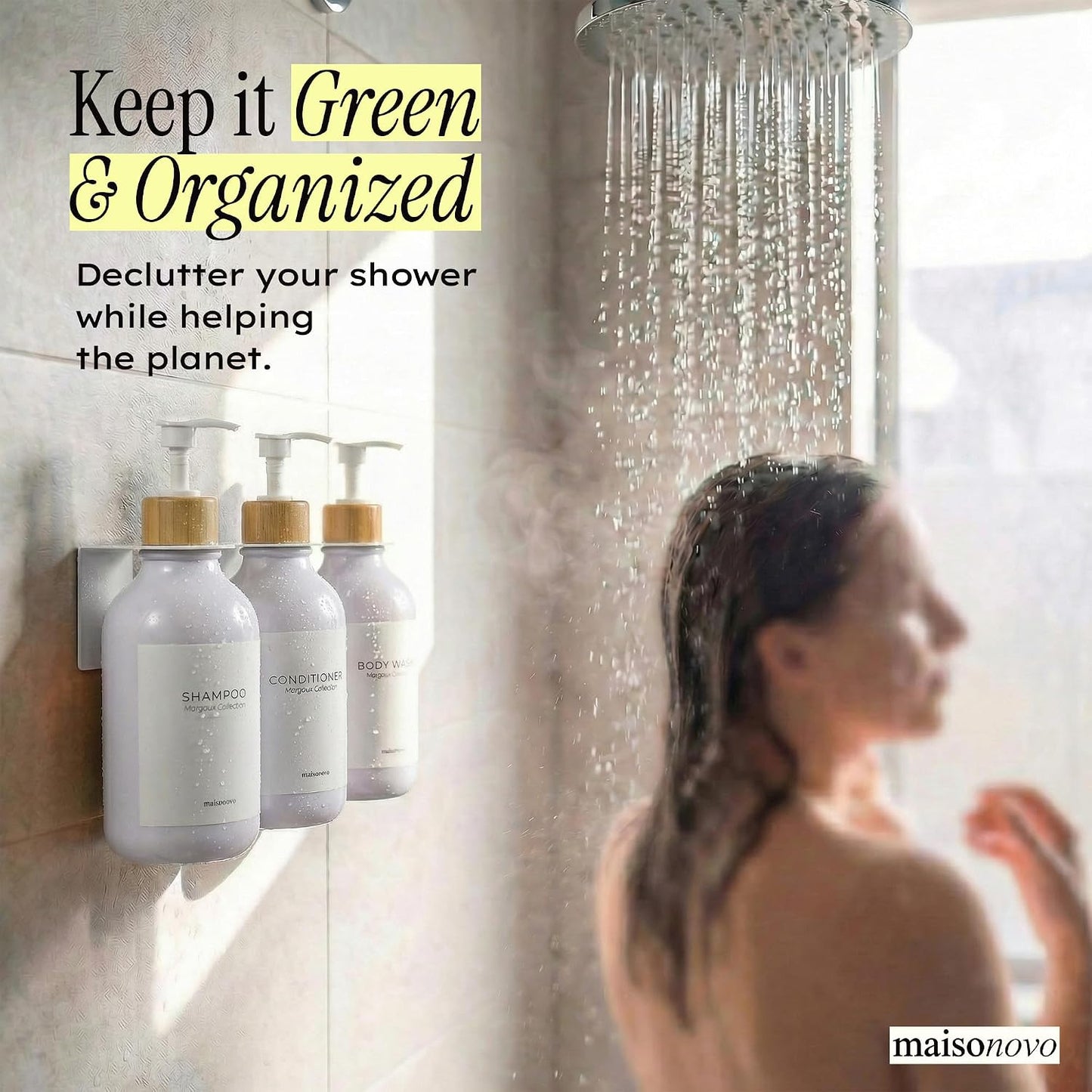 MaisoNovo Shampoo and Conditioner Dispenser|Refillable Black Set of 3 | 500 ml Shower Gel Dispenser Set of 3. Refillable Shampoo and Conditioner Bottles. Drill Free Secure Design. Black
