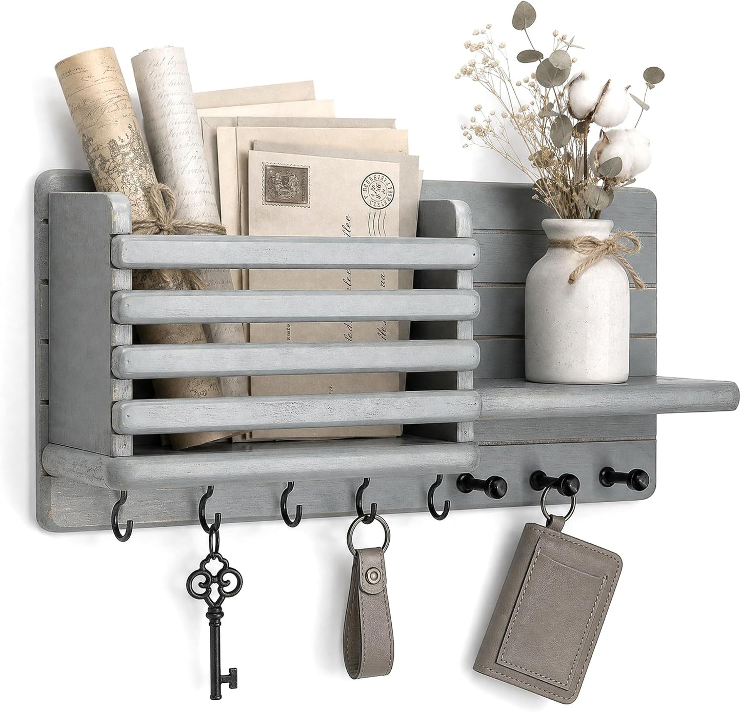 Rebee Vision Key Holder Wall Mount with Mail Slot for Entryway, Retro Brown | Pine Wood, Key Holder for Wall, 8 Hooks for Dog Leashes, Floating Shelf, Mail Sorter, New Home Essentials, Entryway Storage