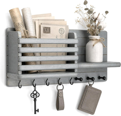 Rebee Vision Key Holder Wall Mount with Mail Slot for Entryway, Retro Brown | Pine Wood, Key Holder for Wall, 8 Hooks for Dog Leashes, Floating Shelf, Mail Sorter, New Home Essentials, Entryway Storage