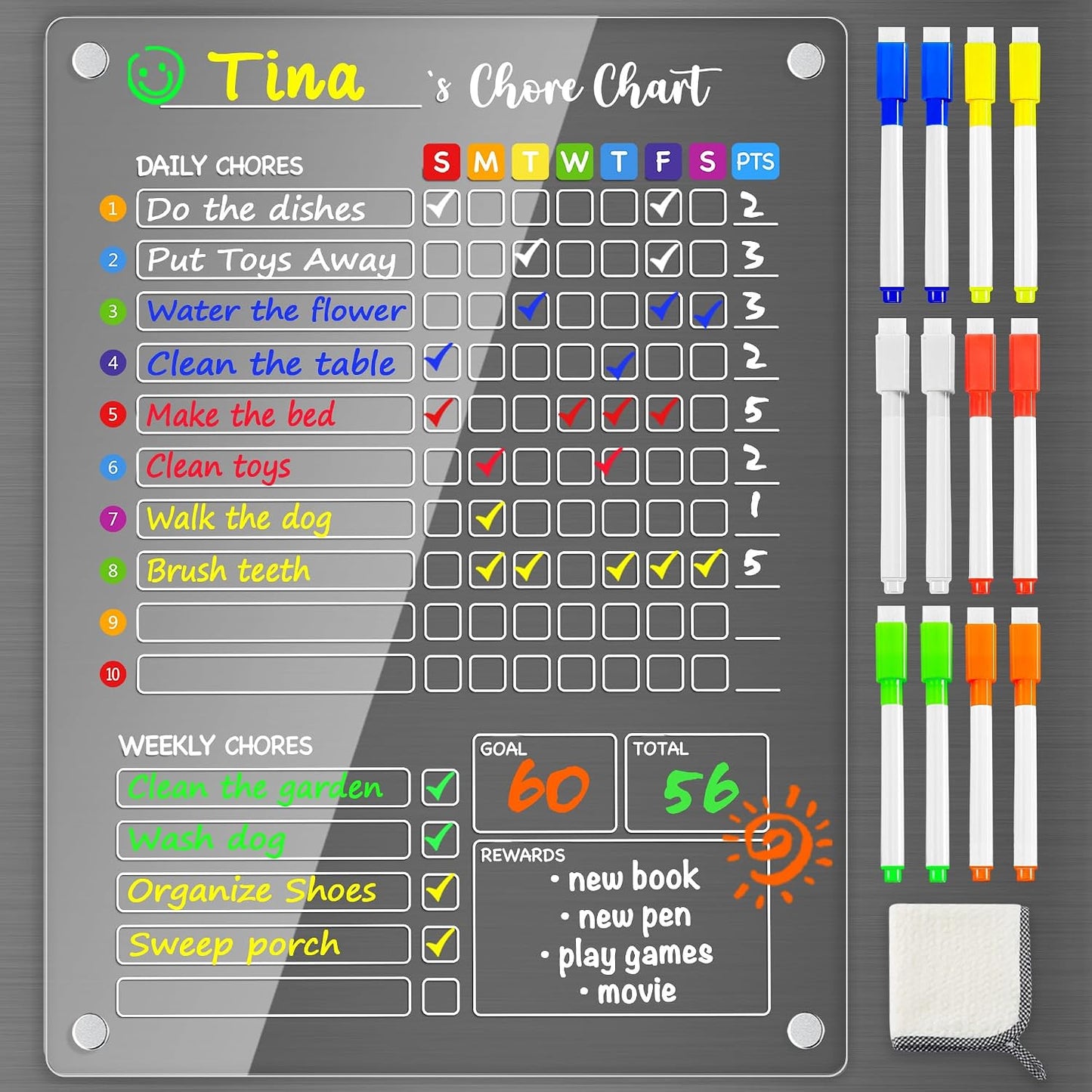 PigPotParty 2-in-1 Acrylic Magnetic Chore Chart for 2 Kids, Large 16x12 in | Clear Dry Erase Fridge Chore Board for Teens, Roommates; Vibrant Layout; Embedded Magnets; 12 Wet-Erase Markers and Towel