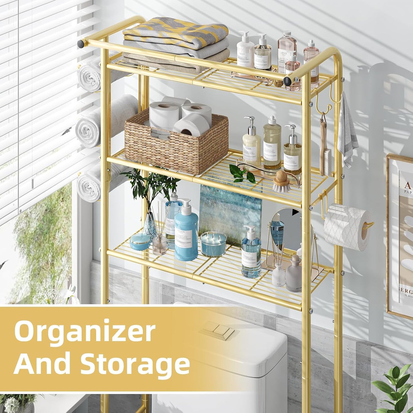 Simple Trending Over The Toilet Storage Cabinet, Metal Bathroom Shelf Organizer with Paper Holder and Hooks, 3 Tier, Black