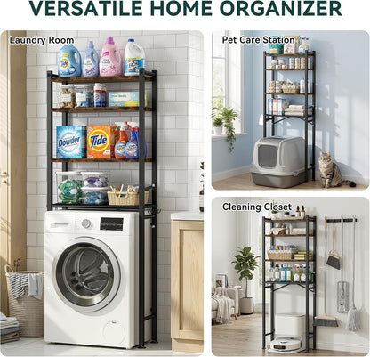 GloTika 3-Tier Over Toilet Storage, Anti-Tilt, 64" H, Black | Anti-Tilt Safety System, 150lb Capacity, Carbon Steel, Freestanding, No Drilling, Anti-Rust Coating, Paper Holder & 4 Hooks
