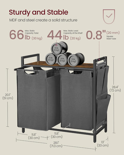 VASAGLE Laundry Hamper, Laundry Basket Sorter with 3 Pull-Out and Removable Bags, Shelf, Metal Frame, 3 x 10.6 Gallons (40 L), 36.4 x 13 x 28.4 Inches, Cappuccino Beige and Natural Beige UBLH301LH01