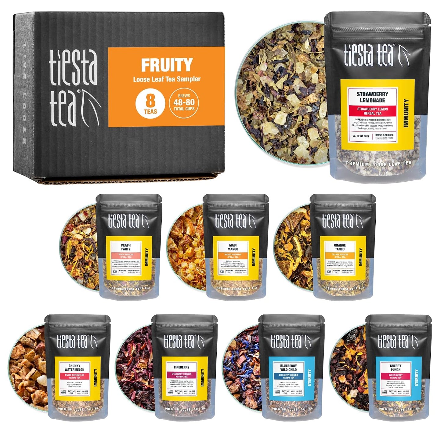 Tiesta Tea - Top 8 Favorites Sampler Set, Loose Leaf, Up to 80 Cups | High to No Caffeine, Hot & Iced, Tea Variety Pack with Green, Herbal, & Black, 8 Sample Pouches