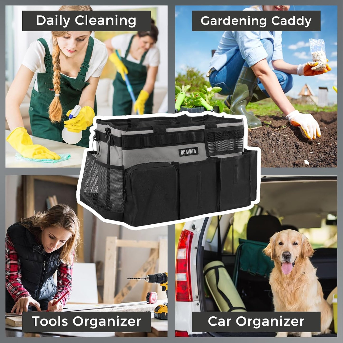 SCAVATA Wearable Cleaning Caddy Bag, Cleaning Caddy Supplies Organizer with Handle & Shoulder Straps for Housekeepers, Under Sink & Car Cleaning Tool Organizers with 4 Foldable Divider (Lake Blue)