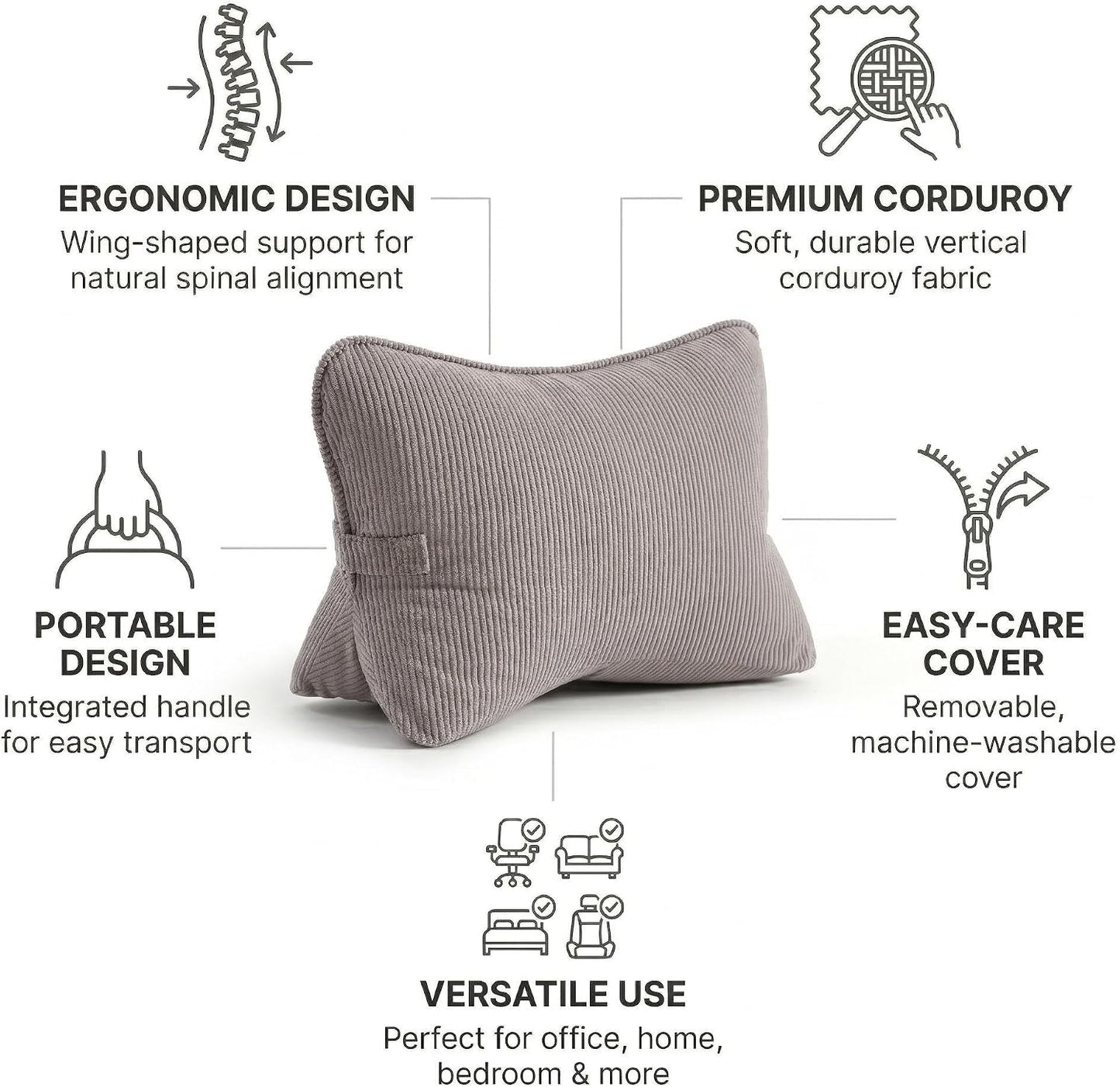 Pat. Pend. Corduroy Lumbar Support Back Pillow for Watching TV, Reading & Gaming, Ergonomic Triangle Support Cushion for Sofa, Armchair & Bed Sitting, Removable Washable Cover, Beige Gray