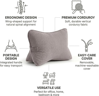 Pat. Pend. Corduroy Lumbar Support Back Pillow for Watching TV, Reading & Gaming, Ergonomic Triangle Support Cushion for Sofa, Armchair & Bed Sitting, Removable Washable Cover, Beige Gray