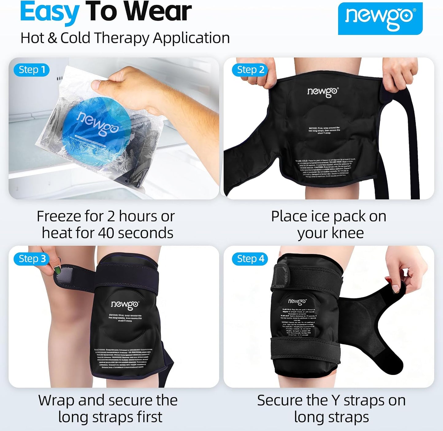 NEWGO Knee Ice Pack Wrap, 360° Full Wrap, Blue | Y-shaped Strap Stays Put, Reusable for Knee Replacement, ACL, Arthritis, Swelling, and Sports Injuries, 21.7" x 9.8"
