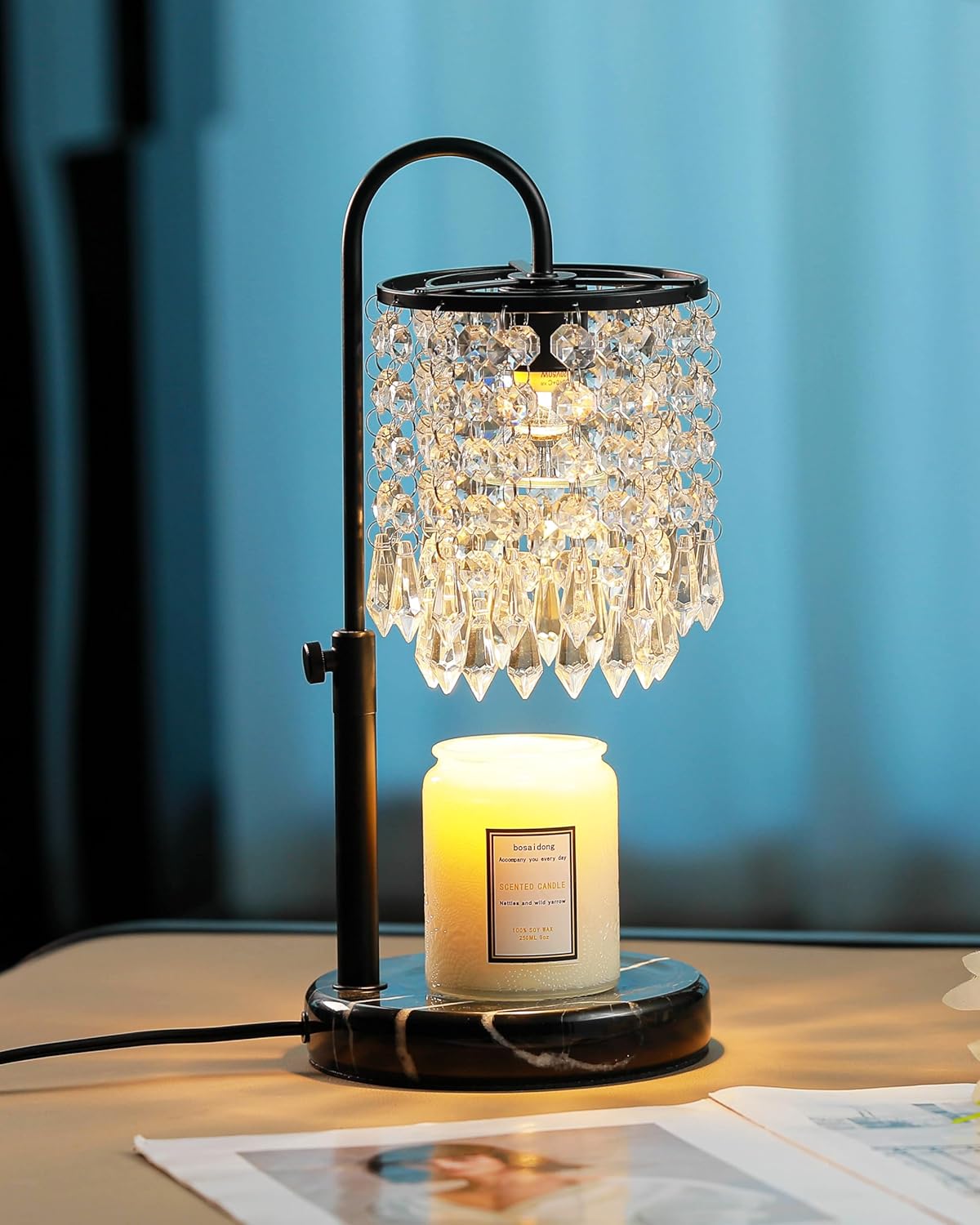 Candle Warmer Lamp with Timer Dimmer and 3 Bulbs, Candle Lamp Warmer with Marble Base for Adjustable Height, Crystal Candle Lamp for Jar Candles, House Warming Gifts Home Room Decor, Silver