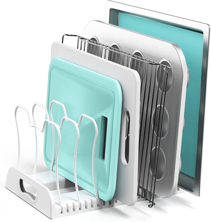 Simple Houseware Expandable Pan Rack 10 Adjustable Compartments, White | Kitchen Cabinet Organizer for Pots, Pans, Lids & Bakeware - Pantry & Countertop Storage