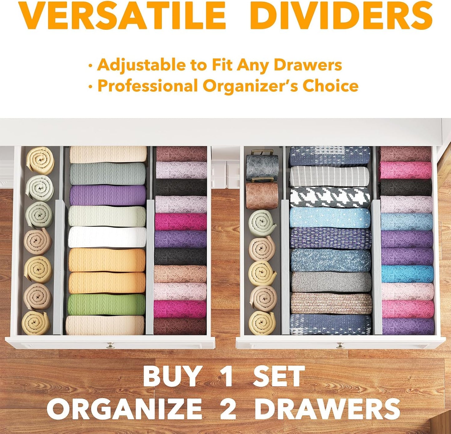 SpaceAid Bamboo 4 Pack Dresser Drawer Dividers, 4.65“ High Adjustable 12.5“-17” Drawer Organizers, Expandable Organization for Clothing, Clothes, Dressers, Black
