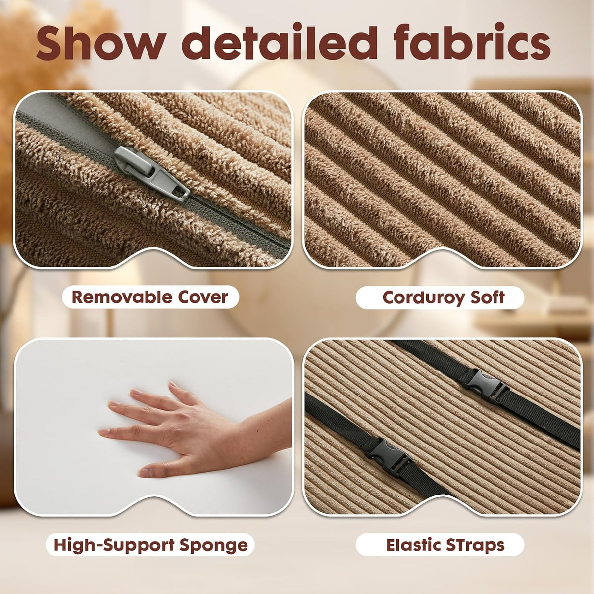 B Shape Corduroy Recliner Foot Pillow, Foam Extra Large Foot Rest Cushion with Adjustable Straps, Suitable for Bed Chair Sofa Headrest Back Lumbar Leg Support Pillow (Light Brown)
