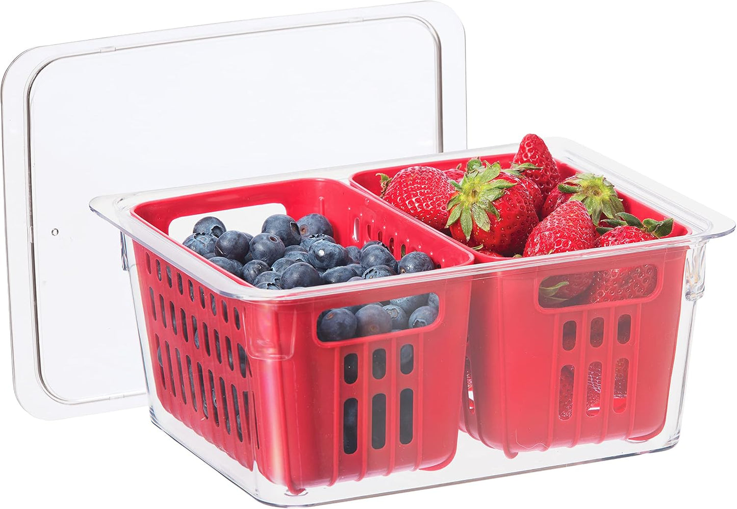 Oggi Berry Container for Fridge - Double Colander Basket - Ideal Berry Containers for Fridge, Includes Berry Colander Insert (8.75" x 6.75" x 3.75"), Red