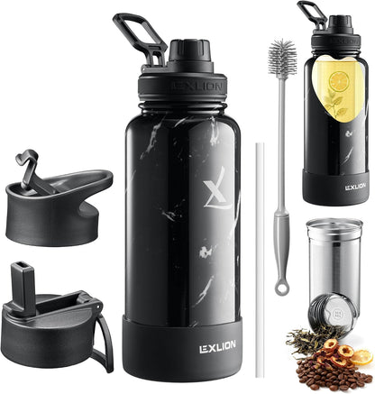 Lexlion Tea Infuser Water Bottle 22 Oz – Triple Wall Insulated Stainless Steel, Loose Leaf & Fruit Strainer, 3 Leakproof Lids, BPA-Free Silicone Sleeve, Reusable Thermal Mug
