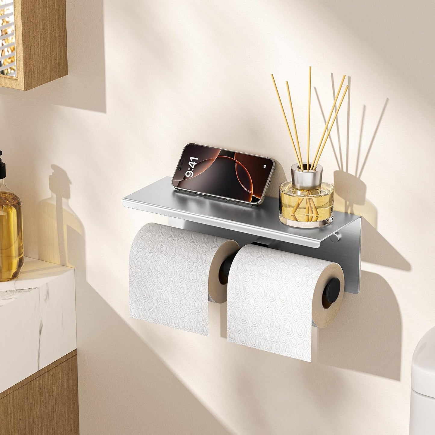 FORIOUS Toilet Paper Holder with Shelf, Commercial Toilet Paper Dispensers | Brushed Nickel | Wall Mount Bathroom Tissue Holder | SUS304 Stainless Steel Rustproof | Double Tissue Roll Holder