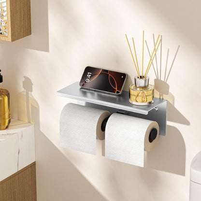 FORIOUS Toilet Paper Holder with Shelf, Commercial Toilet Paper Dispensers | Brushed Nickel | Wall Mount Bathroom Tissue Holder | SUS304 Stainless Steel Rustproof | Double Tissue Roll Holder
