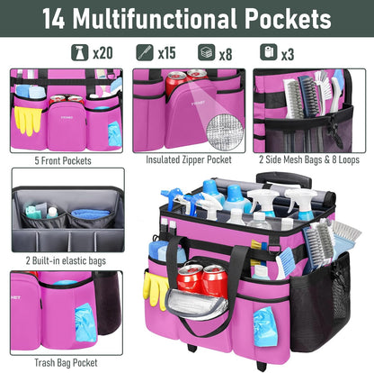 Ytonet Cleaning Caddy with Wheels, Extra Large Rolling Cleaning Caddy Bag | with Detachable Trolley for Housekeepers, Water Resistant Cleaner Supplies Organizer with Wheels for Kitchen, Tool Organizer