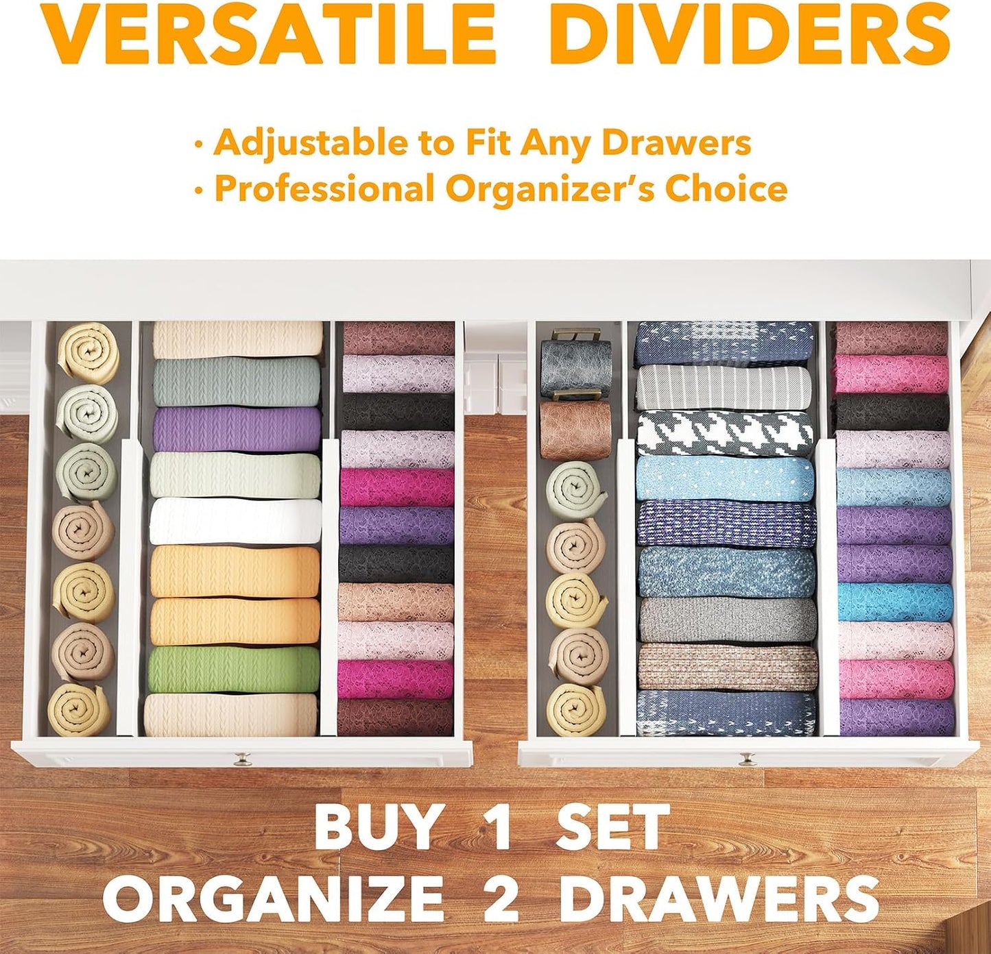 SpaceAid Bamboo 4 Pack Dresser Drawer Dividers, 4.65“ High Adjustable 12.5“-17” Drawer Organizers, Expandable Organization for Clothing, Clothes, Dressers, Black