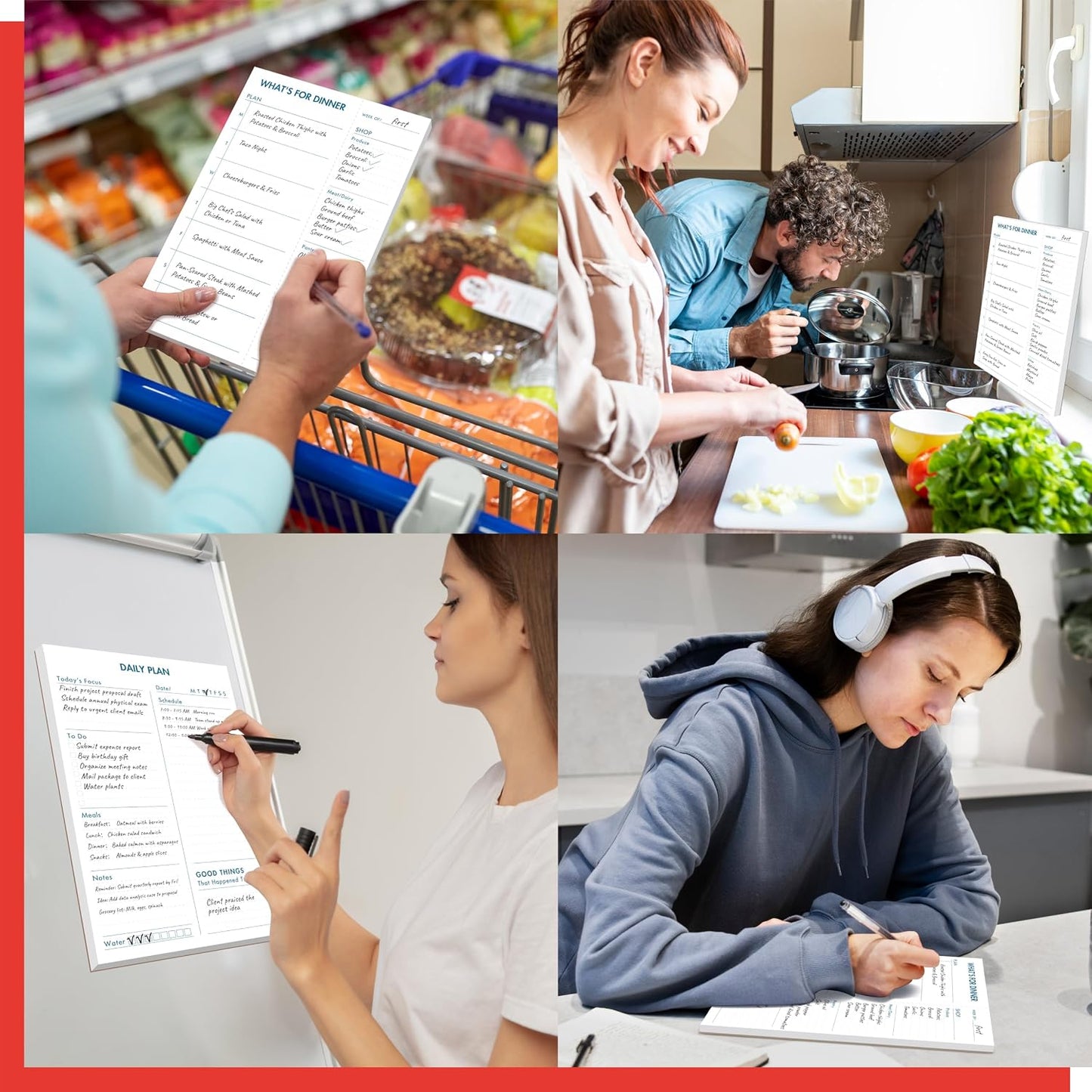 2 Pack Magnetic Planner Pad, What’s for Dinner & Daily Plan, Tear-off Weekly Meal Planning Grocery List Notepad, Family Dinner Menu Shopping List for Fridge, Whiteboard, 52 Sheets per Pad