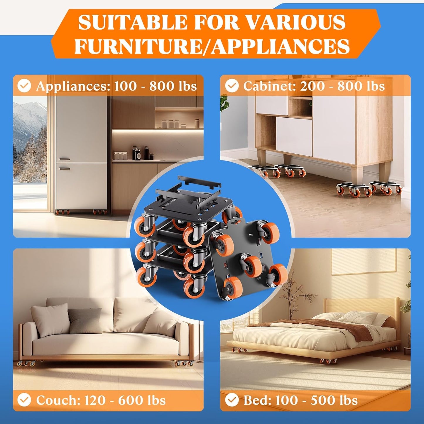 Furniture Movers with Wheels, Upgraded Guardrails for No Slips, Heavy Duty Furniture Dolly, Furniture Sliders with Wheels, Furniture Lifter Tool Included (Orange, 6.3" × 6.3" Pro)