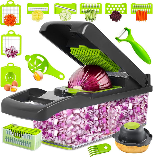 Vegetable Chopper 16 in 1 with Container, Veggie Chopper Food Chopper and Dicer, Onion Chopper Vegetable Cutter with 8 Stainless Steel Blades, Easy Meal Prep Kitchen Tool, Green