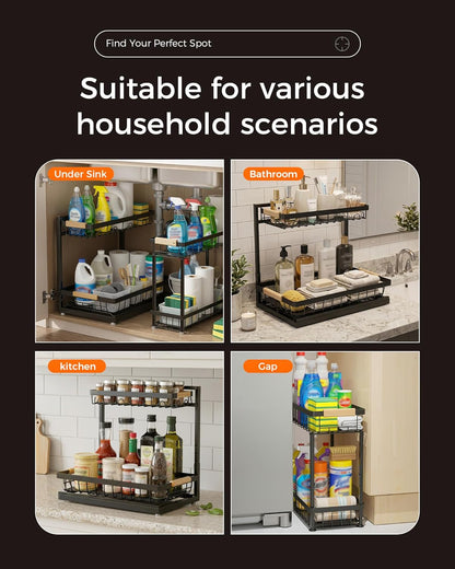 2-Pack 2-Tier Height Adjustable Under Sink Organizer & Storage | Multi-purpose storage for kitchen & bathroom cabinet. Large black shelf, height adjustable design for space-saving.