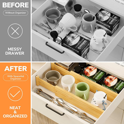 BAMEOS Bamboo Expandable Drawer Dividers – Fits 16.6"–22" Drawers, 2" High, Set of 4 | Spring-Loaded Bamboo Separator for Kitchen Island, Bathroom Vanity & Dresser Drawers