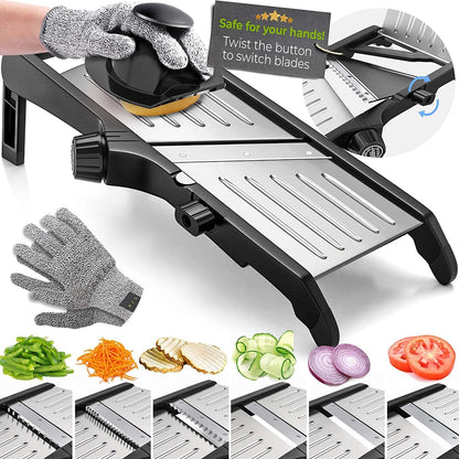 Gramercy Handheld Mandoline Slicer for Kitchen - Stainless Steel Veggie & Fruit Slicer with 4 Blades - Slicer, Julienne & Grater, Cut Resistant Safety Glove & Cleaning Brush Included, Dishwasher Safe