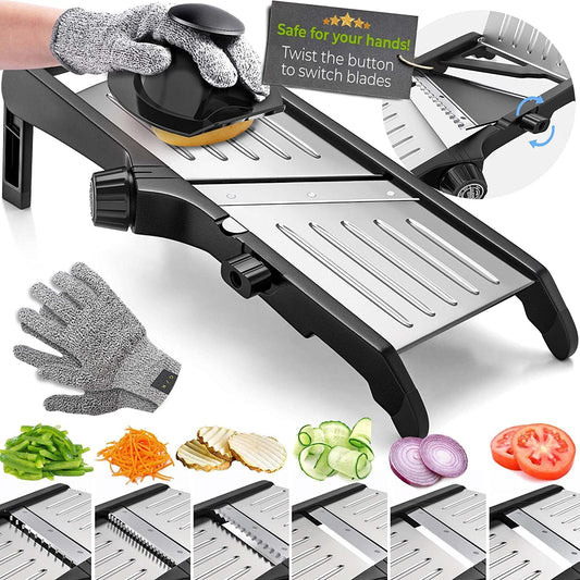 Gramercy Handheld Mandoline Slicer for Kitchen - Stainless Steel Veggie & Fruit Slicer with 4 Blades - Slicer, Julienne & Grater, Cut Resistant Safety Glove & Cleaning Brush Included, Dishwasher Safe