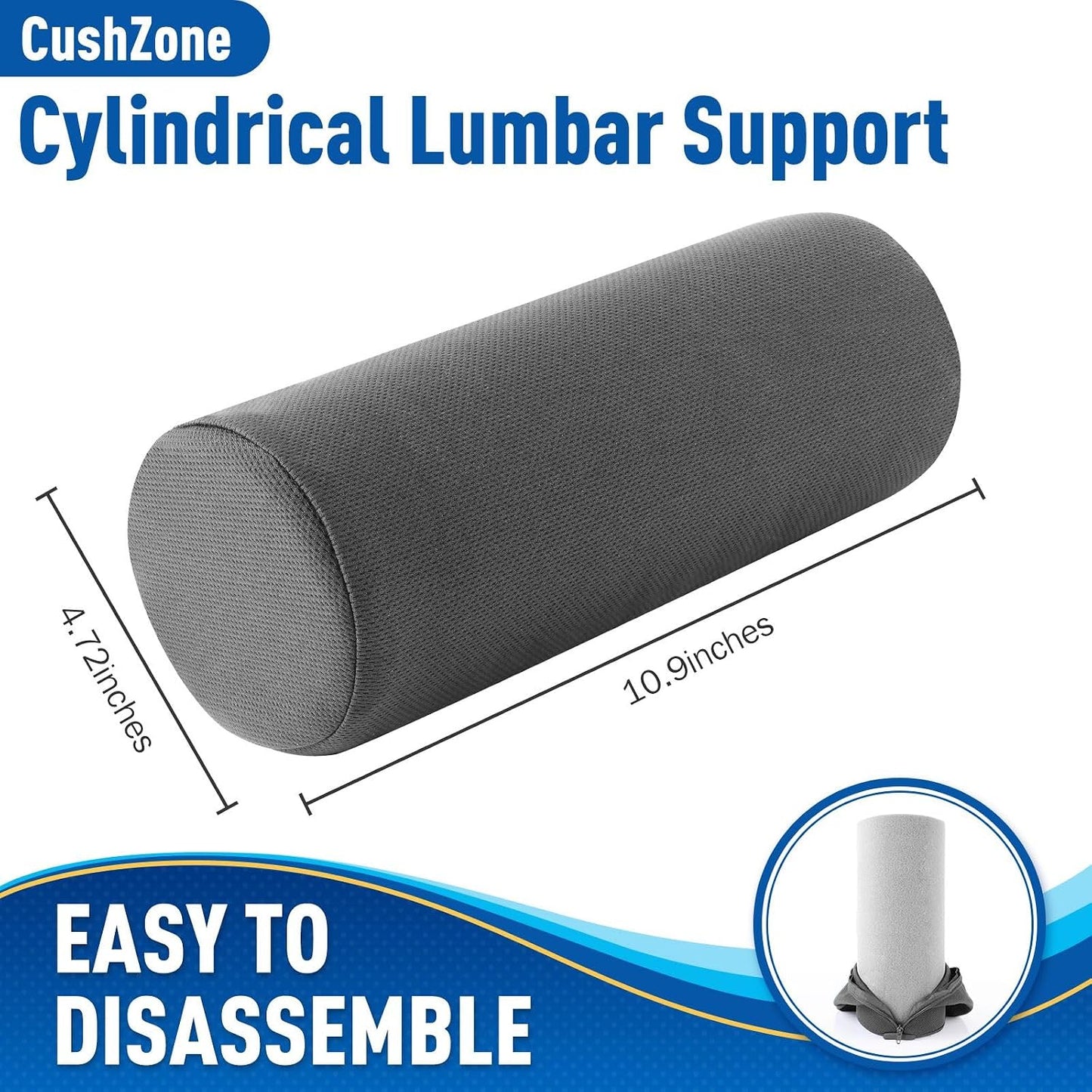 CushZone Lumbar Roll Support Pillow, Memory Foam Back Cushion, Black | Helps Relieve Back Pain & Supports Posture,Adjustable Strap Fits Office,Car & Gaming Chairs,Washable Cover