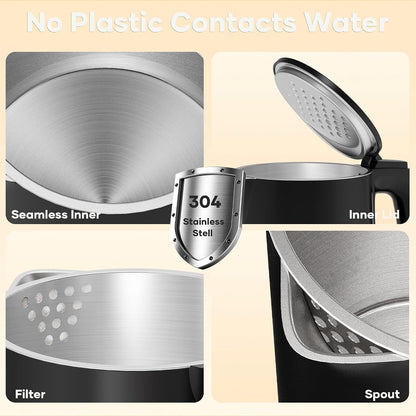 Damsun 1.7L Stainless Steel Electric Kettle, 1500W Rapid Boil, Black | No Plastic Contact with Water,Auto Shut-Off & Boil-Dry Protection,BPA Free 360 Rotatable Cordless Base