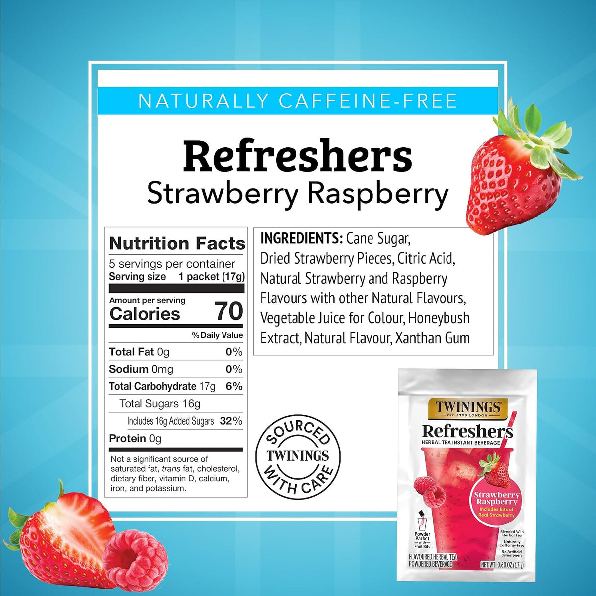 Twinings Strawberry & Raspberry Herbal Iced Tea, 72 Oversized Tea Bags, Makes 18 Pitchers or 144 Servings, Unsweetened, Naturally Caffeine-Free, (Pack of 1)