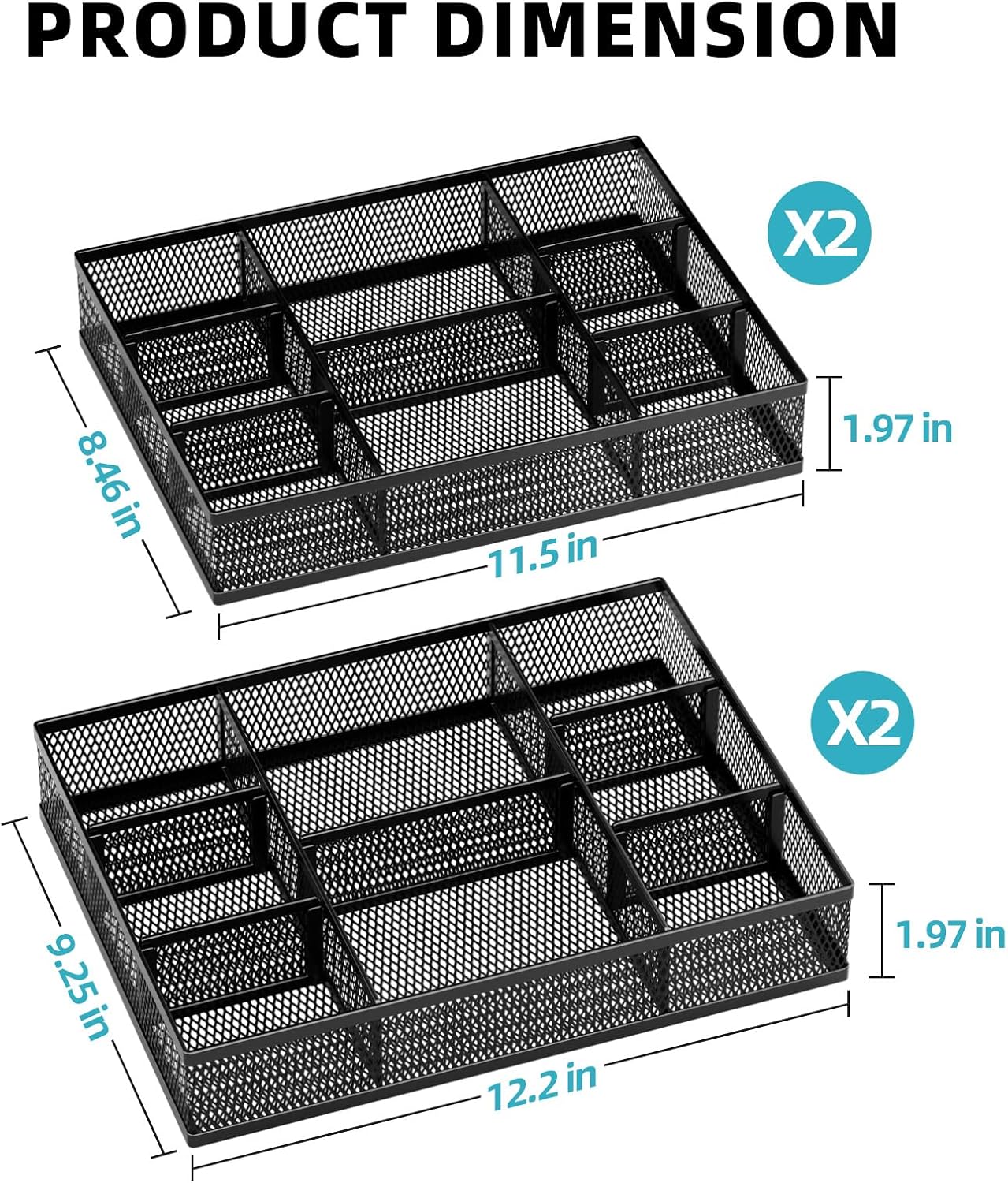 Marbrasse 2 Pack Desk Drawer Organizer, Mesh Drawer Organizer Tray with 8 Adjustable Compartments, Desk Organizers and Accessories, 5 Dividers Drawer for Office Supplies, Makeup & Vanity (Black)