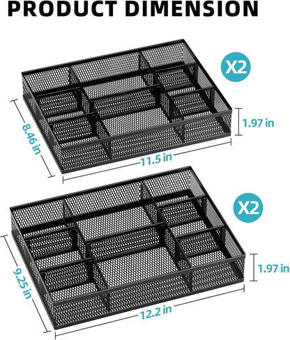 Marbrasse 2 Pack Desk Drawer Organizer, Mesh Drawer Organizer Tray with 8 Adjustable Compartments, Desk Organizers and Accessories, 5 Dividers Drawer for Office Supplies, Makeup & Vanity (Black)