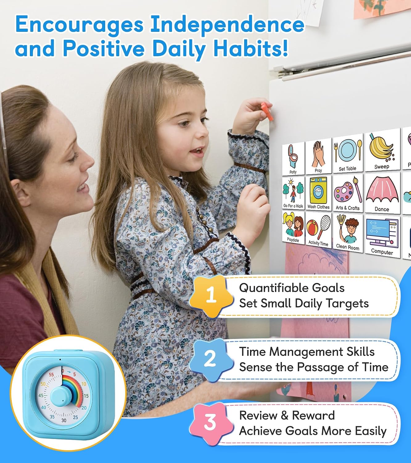 2-in-1 Visual Timer & Magnetic Visual Schedule for Kids | Autism ADHD Time Management Tool with 100+ Routine Chore Chat Magnets, Learning Materials for Home, Classroom, Education