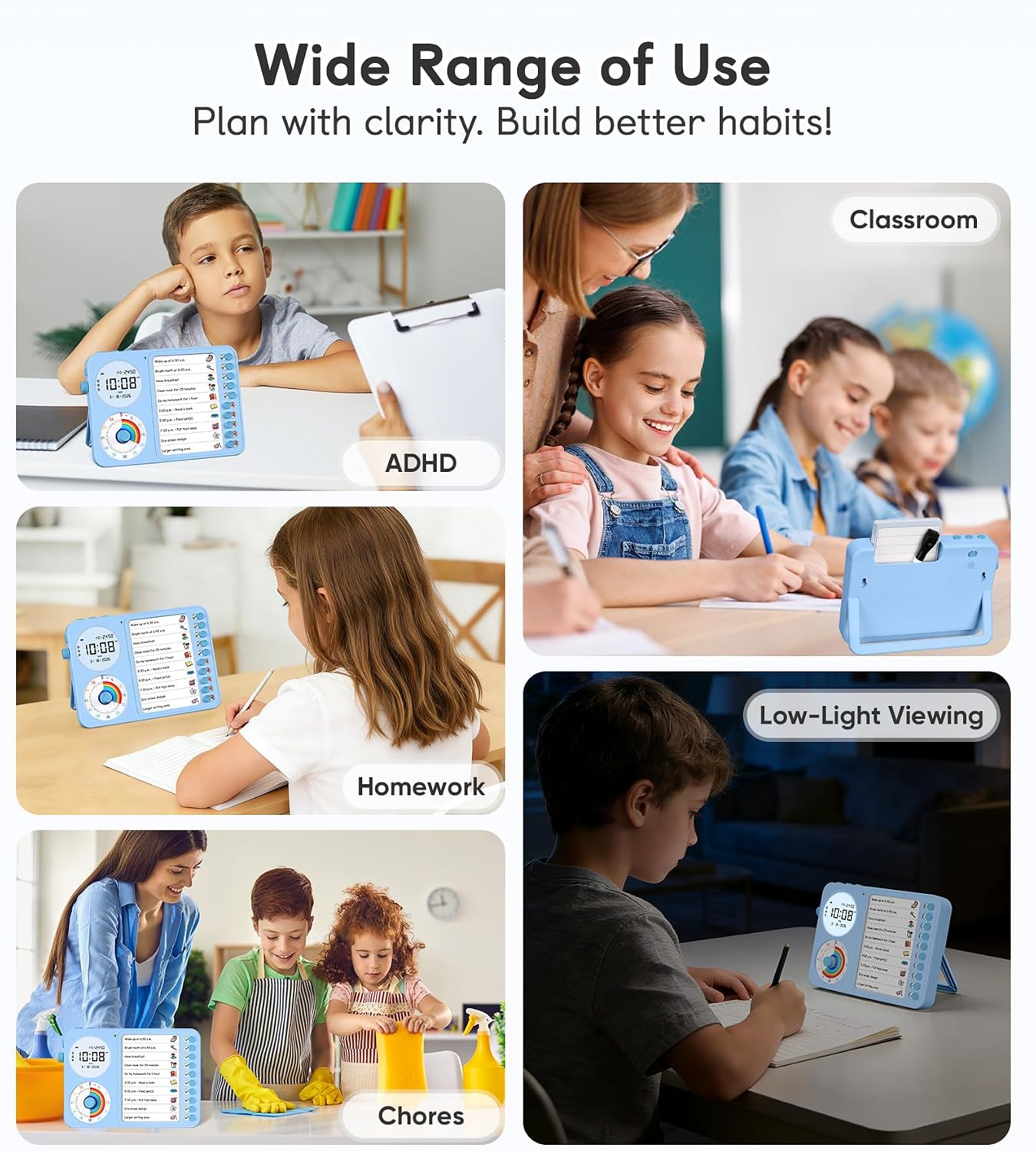 3-in-1 Visual Timer & ADHD Tool for Kids with Chore Chart & Planning Board | ADHD Timer with Digital Clock, Silent Task Timer for Adults with Visual Schedule for Home, School, Classroom, Work (Pink)